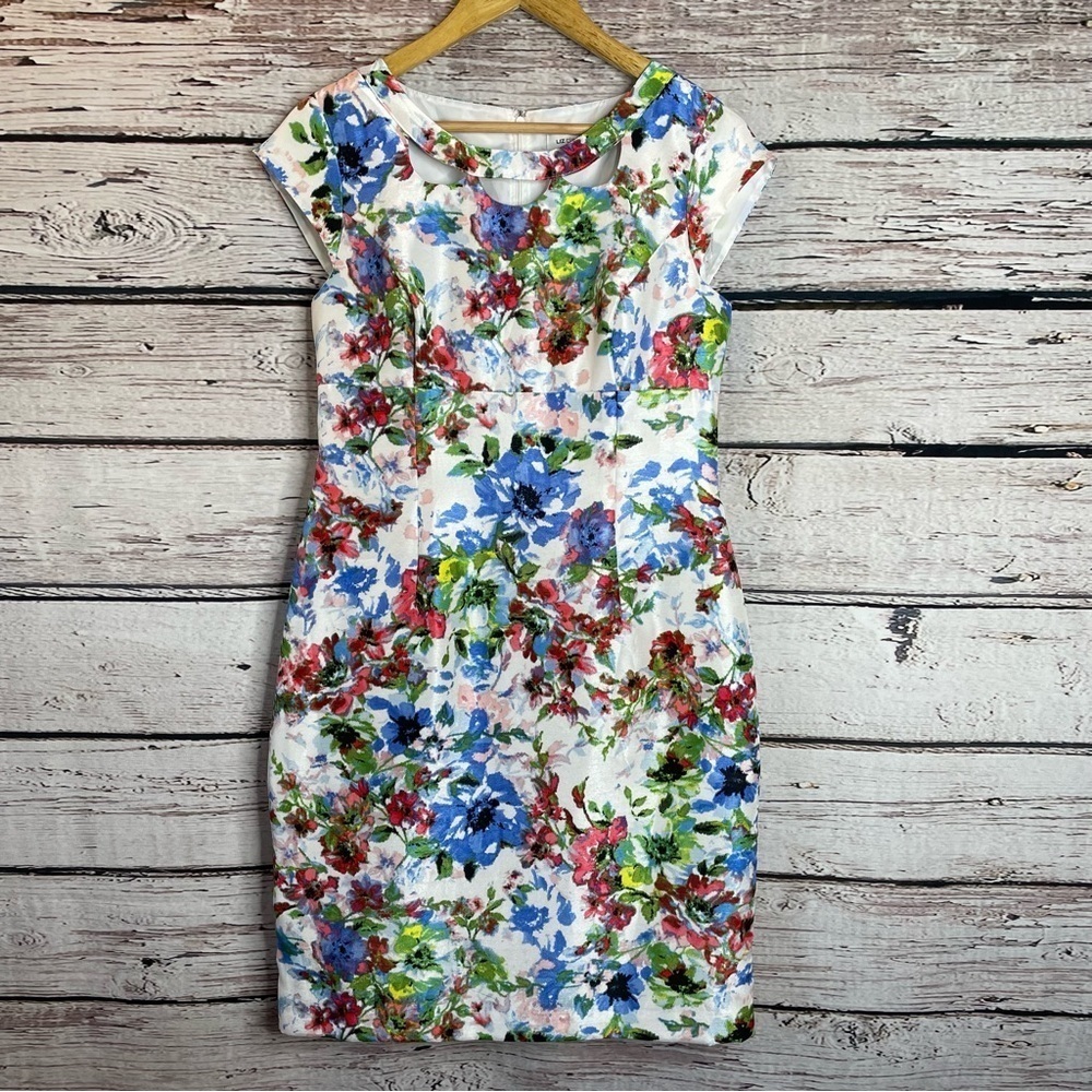 Liz Claiborne Floral Sheath Dress Knee Length Spring Summer Cut Outs Size 6 EUC